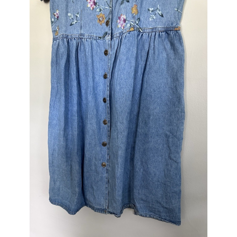 VTG 90s Studio Ease Floral Denim Dress Size 10 Blue Denim Floral Button Prairie - Picture 2 of 16